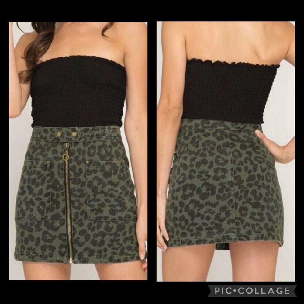 She + Sky L Animal Print Zip Front Denim Skirt NWT
